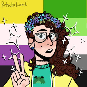 Picrew of Charlotte with her tongue out. She is showing a victory sign and wearing a frog hairpin. Hearts in the colours of the nonbinary and aromantic flags are floating next to her.