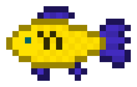 Pixel art of a yellow fish with blue fins.